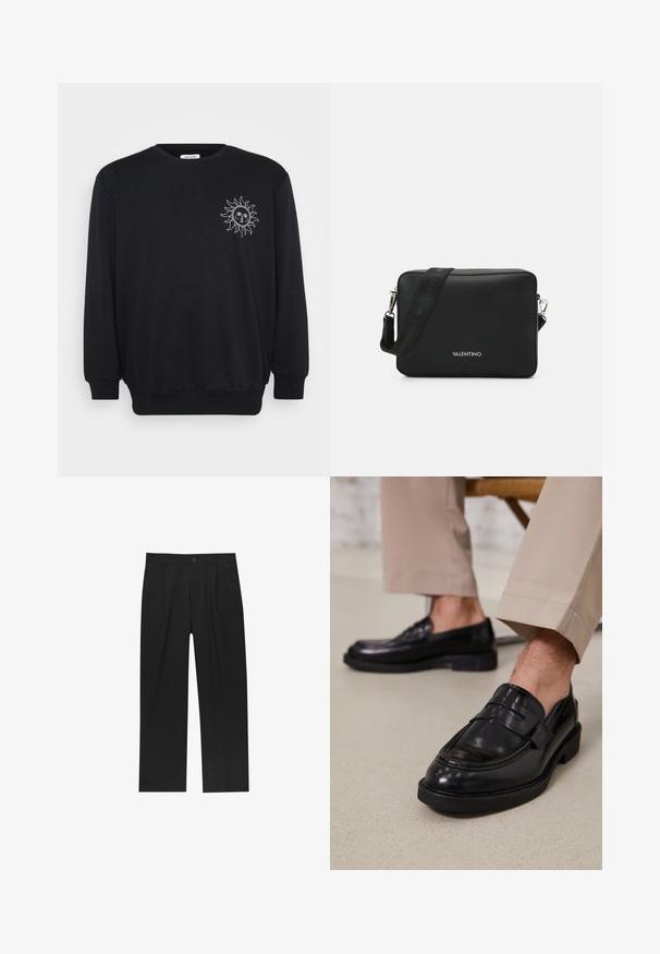 Jack & Jones JJMYSTIC CREW NECK - Sweatshirt - black; Svarta byxor med rak ben-design, tillverkade av ett jämnt tyg. Har framfickor och en enkel knapplåsning i midjan.; Svarta läder loafers med en slät finish, prydda med en dekorativ rem och kontrastsöm, tillsammans med beiga byxor.; Svart rektangulär crossbody-väska av texturerat material, med en silverfärgad spänne och en justerbar strap med varumärkeslogotyp.