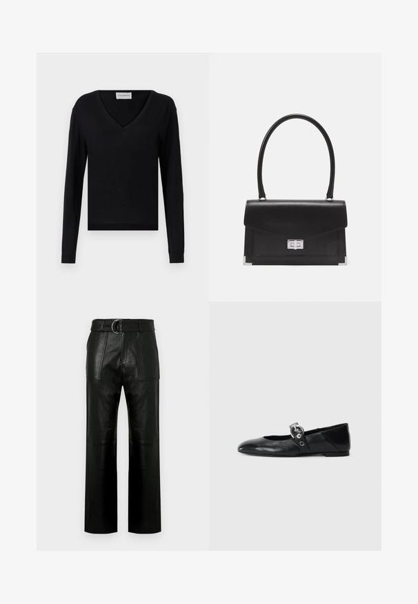 Fekete, hosszú ujjú pulóver V-nyakkivágással. Puha anyagból készült, testhezálló fazonnal, bordás mandzsettákkal és szegéllyel.; Magas derekú, fekete bőr nadrág széles száraival, nagy első folttáskákra és egy dupla gyűrűs csattal ellátott, passzoló övvel.; Fekete bőr balettcipők, hegyes orral, kör alakú fémbújtatóval ellátott pánttal és lapos talppal.; Fekete bőrtáska strukturált dizájnnal, felső fogantyúval és ezüst csattal. Sarokkiemelésekkel és sima textúrával rendelkezik.