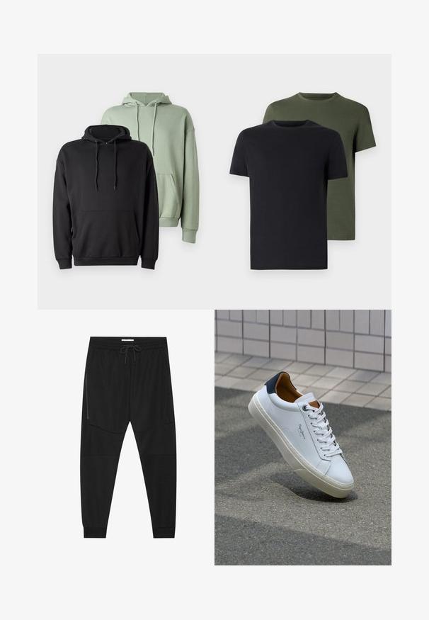 Dvě mikiny: jedna černá, druhá světle zelená. Obě mají přední kapsu, kapuci se šňůrkou a vroubkované manžety. Vyrobené z měkké, texturované tkaniny.; Dvě trička s kulatým výstřihem v černé a olivově zelené barvě, vyrobená z měkké bavlny. Design je jednoduchý s krátkými rukávy a rovnými střihy.; Černé sportovní kalhoty vyrobené z texturované tkaniny, s nastavitelným pasem, boční kapsou na zip a siženými manžetami.; Bílé kožené tenisky s námořnickým podpatkem, kulatou špičkou a kontrastními hnědými detaily. Obsahují ploché tkaničky a texturovanou gumovou podrážku.