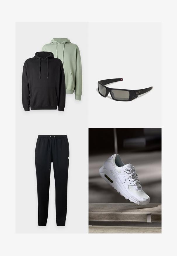 Dos sudaderas: una negra y una verde claro. Ambas tienen un bolsillo frontal, capucha con cordón y puños acanalados. Están hechas de un tejido suave y texturizado.; Pantalones deportivos negros de tejido suave, con una cintura elástica y cordones, tobillos rematados y un pequeño logo en el lateral.; Zapatilla Nike Air Max 90 blanca con parte superior de malla y cuero, caja de puntera perforada y unidad de aire visible en el talón.; Gafas de sol negras con acabado mate, lentes rectangulares, ligera curvatura en las patillas, sutil detalle del logo y lentes ahumados.