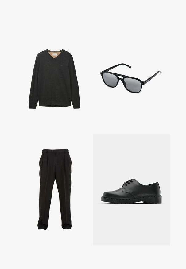 Schwarzer V-Ausschnitt-Pullover mit langen Ärmeln, aus einem weichen, strukturierten Stoff gefertigt. Besitzt ein dezentes Logo auf der Brust sowie Rippbündchen am Hals und an den Ärmeln.; Schwarze Hose aus glattem Stoff mit Frontfalten, einem Knopfbund und schmal zulaufenden Knöchelbündchen. Klassische, taillierte Silhouette.; Schwarze Leder-Oxford-Schuhe mit Schnürdesign, runder Zehenform, flacher Gummisohle und subtilen Nähten entlang des oberen Teils.; Schwarze Sonnenbrille mit rechteckigen Rahmen, grauen getönten Gläsern und einer Aussparung im Nasensteg. Schlanker, glänzender Kunststoff, mit schmalen Bügeln.