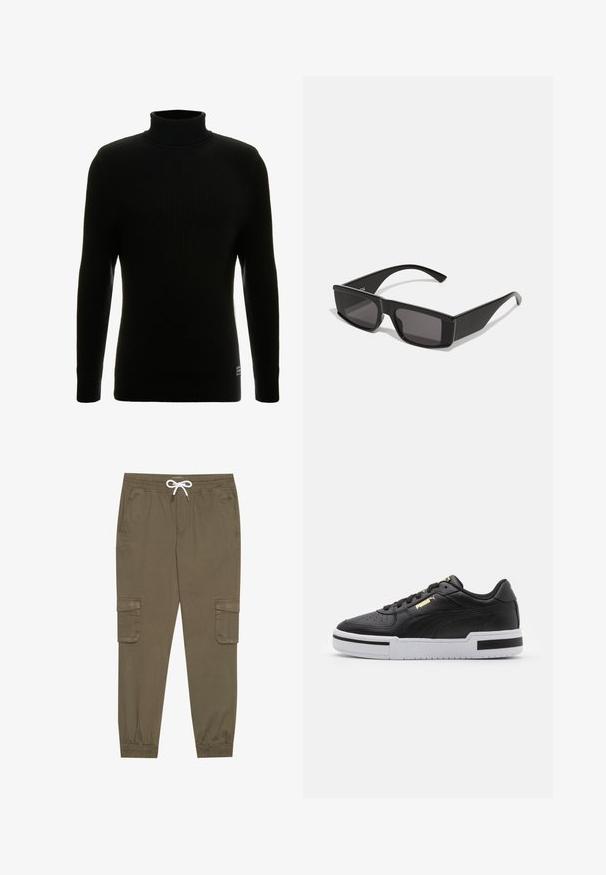 Zwart coltrui met lange mouwen, geribbelde textuur, aansluitende silhouette en klein merklabel aan de onderkant links.; Khaki cargobroek met een elastische tailleband en trekkoord, voorzien van zijzakken en afgeknipte enkels. Gemaakt van een gestructureerd, lichtgewicht materiaal.; Zwarte leren sneaker met witte tussenzool, geperforeerde neus, gouden logo-detail, gevoerde kraag en contrasterende zwarte accenten aan de zijkant.; Zwarte zonnebril met rechthoekige montuur en donkere lenzen. Gemaakt van glanzend plastic, met een hoekig ontwerp en smalle pootjes.