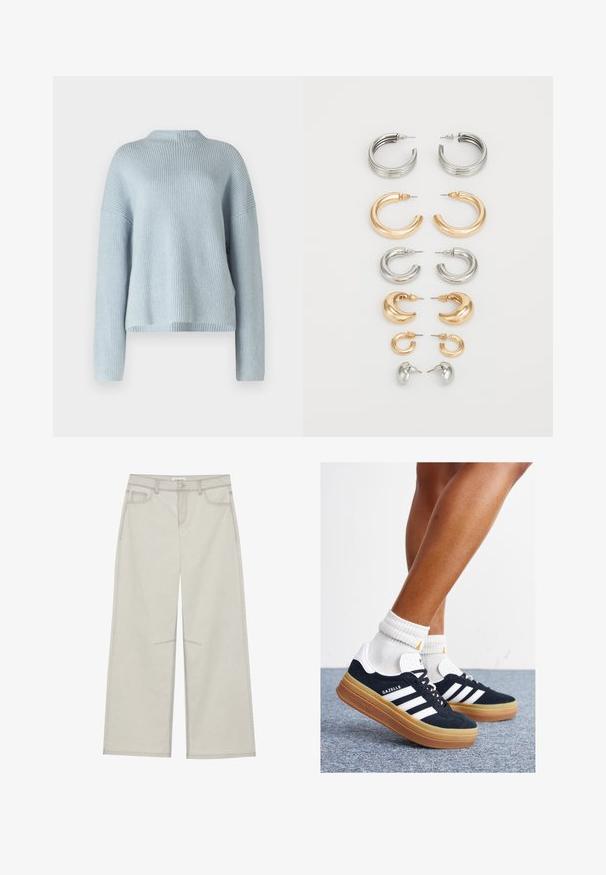 Svetlo modra rebrasta pulover, okrogla izrez, dolgi rokavi, sproščen kroj, mehak material, enotna barva brez vidnih vzorcev ali dodatkov.; Svetlo sivi široki hlače s pet žepov, sprednjem zapiranju na gumb in kontrastnim šivom ob šivih. Tkanina izgledata mehka in trpežna.; Črni antilop superge z belimi črtami in poudarki, okrogel prst, gumijasti podplat, kombinirane z belimi rebrastimi nogavicami.; Komplet osmih kovinskih uhani v srebrnih in zlatih odtenkih. Vključuje različne obroče, stile, teksture in končne obdelave, razporejene po velikosti.