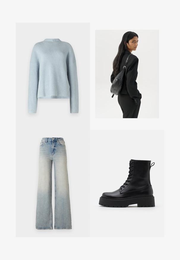 Jasnoniebieski sweter prążkowany, okrągły dekolt, długie rękawy, luźny krój, miękka tekstura, jednolity kolor bez widocznych wzorów czy akcentów.; Jasnoniebieskie dżinsy o szerokich nogawkach, wykonane z denimu, z wysokim stanem, pięcioma kieszeniami i widocznym przeszyciem wzdłuż szwów.; Czarne skórzane botki za kostkę z okrągłym noskiem, sznurówką z przodu i grubą gumową podeszwą z teksturowanym bieżnikiem. Pętelka do zakładania z tyłu.; Kobieta z długimi ciemnymi włosami, ubrana w czarny garnitur, trzymająca czarną skórzaną torbę na ramię, spoglądająca przez ramię na białym tle.