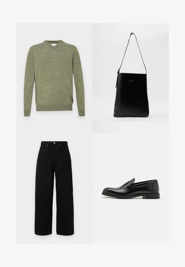 Olive green long-sleeve V-neck sweater with ribbed cuffs and hem, displayed flat on a white background.; Black wide-leg pants made of cotton, featuring a high waist, front pockets, silver-tone button, and clean hemline.; Black leather loafers with a smooth texture, rounded toe, and a decorative strap across the vamp. Low stacked heel, minimalist design.; Black leather shoulder bag with a smooth texture, rectangular shape, and a long strap; features a small white logo at the center.