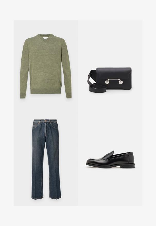 Maglione verde oliva a maniche lunghe con scollo a V, con polsini e orlo a costine, esposto piatto su uno sfondo bianco.; Jeans in denim blu scuro a gamba dritta con bottone frontale, zip, doppie tasche anteriori e pieghe verticali visibili lungo le gambe.; Mocassini neri in pelle con una texture liscia, punta arrotondata e una striscia decorativa sulla tomaia. Tacco basso impilato, design minimalista.; Borsa a tracolla in pelle nera con chiusura a patta, hardware in tonalità argento e due accenti tondi. Dotata di una tracolla removibile. Texture liscia.