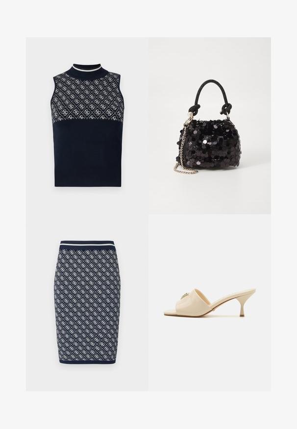 Top fără mâneci de culoare bleumarin, cu guler înalt, având o secțiune superioară cu model texturat în alb și o secțiune inferioară solidă bleumarin.; Fustă creion tricotată în nuanțe de bleumarin și alb, cu un model geometric în formă de diamant. Prezintă un talie elastică rayată și o textură netedă.; Sandale mule cu vârful deschis din piele lăcuită bej, cu toc stiletto mic. Dispune de un accent decorativ central pe partea superioară. Finisaj neted și lucios.; Geantă mini neagră cu paiete, cu un umar texturat înnodat și un lanț argintiu. Formă rotundă cu partea de sus adunată și detalii reflectorizante.