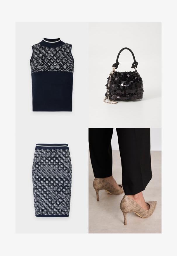 Námořnický bezrukávový top s vysokým krkem, který má horní část se strukturovaným vzorem v bílé barvě a dolní část v jednolité námořnické modři.; Pletená tužková sukni v námořnické modré a bílé barvě s diamantovým geometrickým vzorem. Má pruhovaný elastický pas a hladkou texturu.; Béžové lodičky na vysokém podpatku s texturovanou látkou, která má opakující se vzor. Díky špičaté špičce, zadnímu akcentu a zlatému detailu na podpatku.; Černá mini kabelka s flitry, s uzlovým texturovaným popruhem a stříbrným řetízkem. Zaoblený tvar s nařaseným vrchem a reflexními detaily.