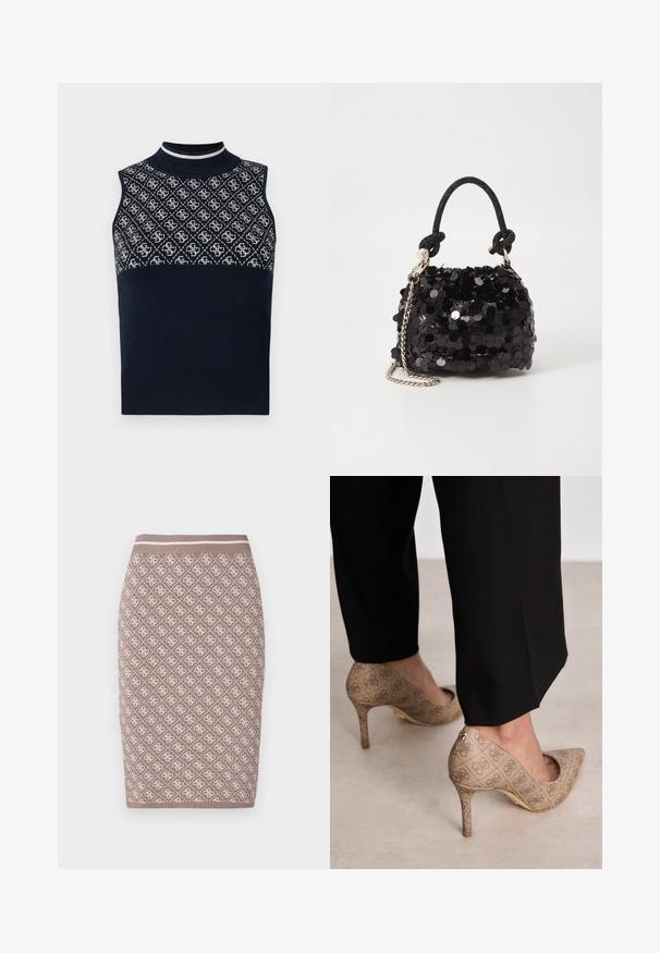 Marineermarine uten ermer med høy hals, med en teksturert mønstre øvre seksjon i hvitt og en ensfarget marineblå nedre seksjon.; Strikket blyantskjørt i lys brun med et mønsterdesign i krem, med en ribbestrikket midjebånd med en kontrastlinje. Glatt tekstur.; Beige høyhælte sko med teksturert stoff som har et gjentatt mønster. Spiss tådesign med bakdetalj og gullhelsjekk.; Svart paljettmini-veske med en knyttet teksturert stropp og sølvkjede. Rund form med samlet topp og reflekterende detaljer.