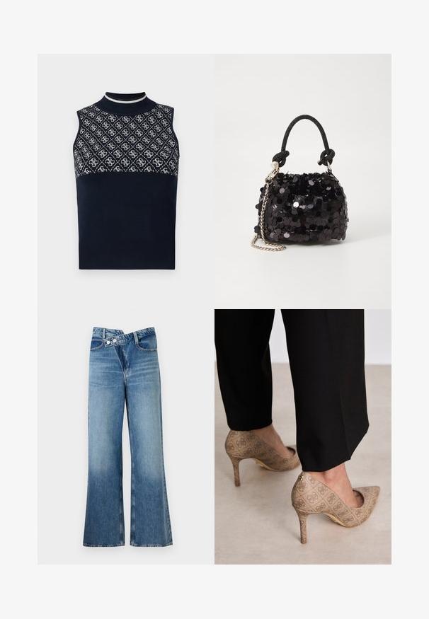 Top fără mâneci de culoare bleumarin, cu guler înalt, având o secțiune superioară cu model texturat în alb și o secțiune inferioară solidă bleumarin.; Jeans din denim albastru deschis, cu fason evazat și talie înaltă, având două butoane și buzunare frontale. Materialul are o textură decolorată cu variații subtile.; Pantofi cu toc înalt bej, dintr-un material texturat ce prezintă un model repetitiv. Design cu vârful ascuțit, cu un accent la spate și detaliu auriu pe toc.; Geantă mini neagră cu paiete, cu un umar texturat înnodat și un lanț argintiu. Formă rotundă cu partea de sus adunată și detalii reflectorizante.