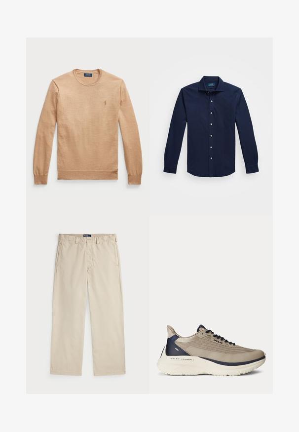 Beige hosszú ujjú pulóver, kerek nyakkal, texturált anyagból készült. Bal mellen hímzett logó található.; Sötétkék, hosszú ujjú, gombos ing, pamutból készült, klasszikus gallérral, fehér gombokkal és egy diszkrét hímzett logóval a mellkason.; Beige színű pamut chino nadrág egyenes szabással, gombos záródással és két elülső zsebbel. Simaság és egyszínű megjelenés jellemzi.; Beige színű sportcipő texturált hálós felsőrésszel, tengerészkék kiegészítőkkel, vastag fehér talppal és bonyolult dizájn részletekkel. Felszerelve fűzőkkel és logóval ellátott márkázással.