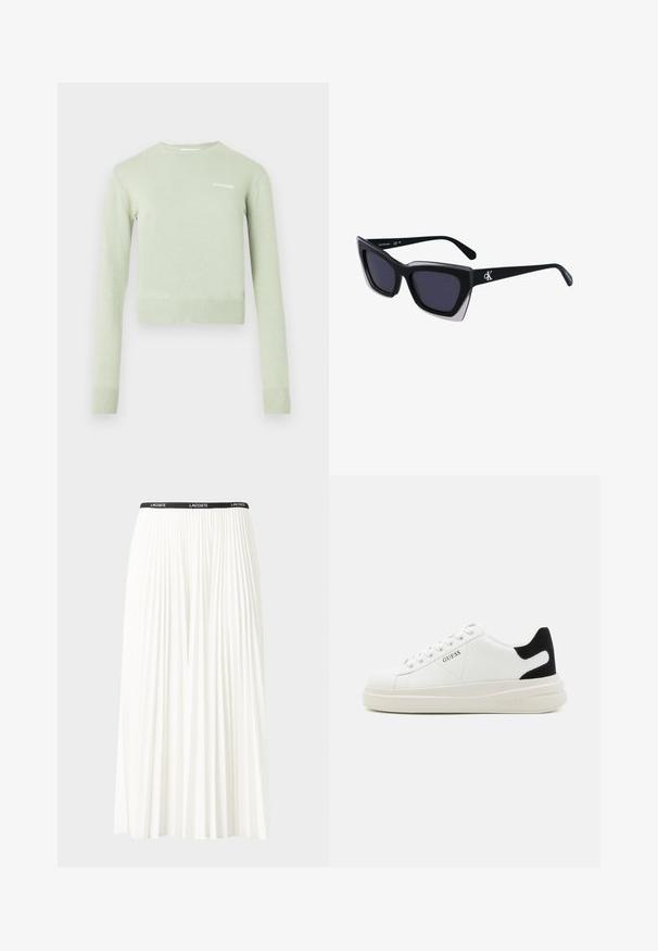 Pull-over vert clair, doté d'un col et de poignets côtelés. Coupe courte et ajustée avec un petit logo blanc sur la poitrine.; Jupe plissée blanche avec une taille élastique noire portant le logo "LACOSTE". Design mi-long avec une texture douce.; Baskets en cuir blanc avec une épaisse semelle blanche, un accent en daim noir au niveau du talon et un logo embossé sur le côté. Design à lacets avec six œillets.; Lunettes de soleil noires surdimensionnées avec une forme géométrique, dotées de verres foncés et d'un détail gris contrastant sur la monture. Logo sur la branche.
