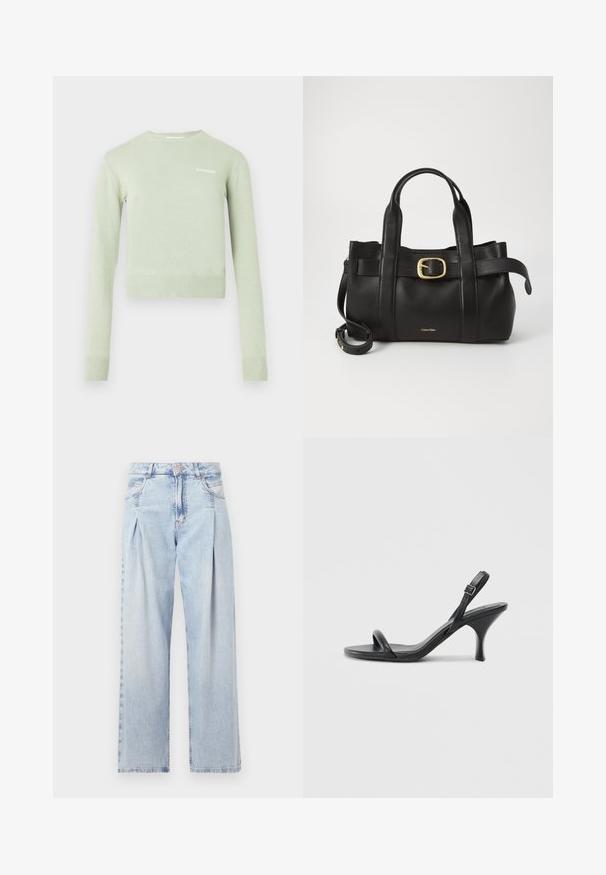 Lysegrøn pullovertrøje med ribbet halsudskæring og manchetter. Kort, tætsiddende design med lille hvidt logo på brystet.; Lyseblå denim jeans med høj talje, bred benåbning, to sidelommer og plisseret design. Blød tekstur med et falmet finish.; Sorte læder højhælede sandaler med en slank, buet hæl og et krydset stropdesign. Justerbar ankelrem. Glat tekstur.; Sort læderhåndtaske med et struktureret design, dobbelte toppegreb, guldtonet spændeaccents og præget logo på forsiden.
