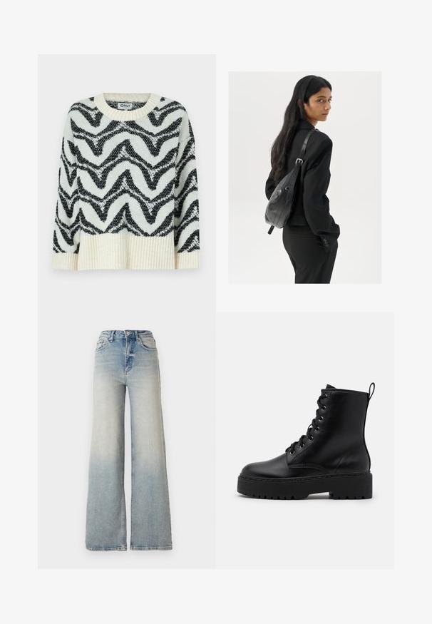 Adīts džemperis krēmkrāsā un melnā krāsā ar zigzaga rakstu. Apaļš kakla izgriezums, ribots apakšmalas dizains un brīvs piegriezums rada teksturētu izskatu.; Gai zilu platā kāja džinsi, kas izgatavoti no denima, ar augstu jostasvietu, piecām kabatām un redzamu dūrienu gar šuvēm.; Melna ādas potītes zābaks ar biezu, struktūru pamatni, apaļu purngalu un metāla acīm šņorēm. Aizmugurē ir cilpa, lai būtu vieglāk uzvilkt.; Sieviete ar garām tumšām matiem, ģērbusies melnā uzvalkā, nēsā melnu ādas plecu somu un skatās pāri plecam uz balta fona.