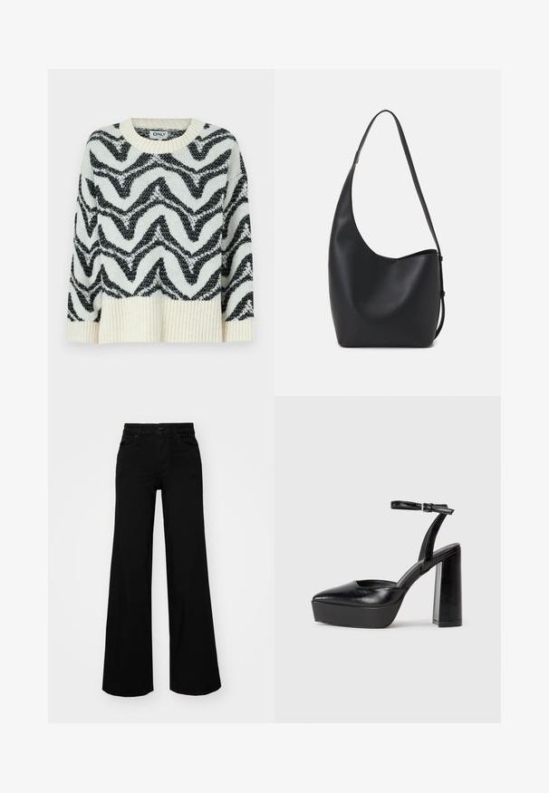 Žalioji ir juoda mezgimo megztinis su zigzago raštu. Suapvalintas kaklas, raštuotas apdaila ir laisvas siluetas sukuria tekstūruotą išvaizdą.; Juodos plačios kelnės iš denimo, turinčios struktūruotą juosmenį, diržo kilpas ir priekines kišenes. Lygus paviršius su klasikinio dizaino elementais.; Juodi platforminiai aukšti kulniukai su smailiu kojų pirštu ir reguliuojamu kulkšnies dirželiu. Pagaminti iš lygaus odos, turi masyvų blokinį kulną.; Juodas odinis hobo maišas su lygiu paviršiumi, kreipta forma ir viena reguliuojama rankena; turi platų atidarymą viršuje.