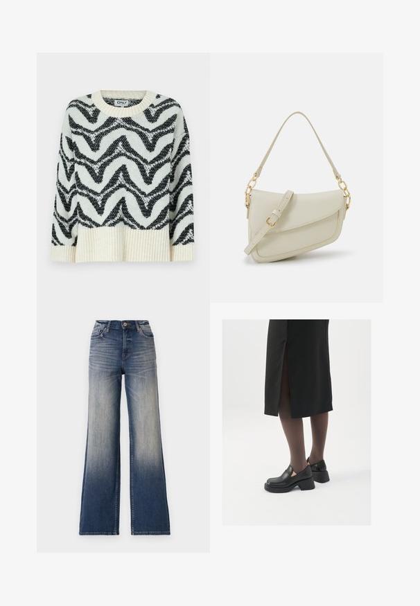 Sweter dzianinowy w kolorze kremowym i czarnym z wzorem w zygzaki. Okrągły dekolt, ściągacz u dołu i luźny krój nadają mu teksturowany wygląd.; Jeans o wysokim stanie, szerokie nogawki, w jasnym do ciemnego niebieskiego denimu z przetarciami, z zapięciem na guzik i szlufkami na pasek. Czysty dół i brak widocznych ozdób.; Czarne skórzane buty z okrągłym noskiem, grubym blokowym obcasem i elastycznymi akcentami po bokach, zestawione z ciemnymi rajstopami i czarną spódnicą z rozcięciem.; Mała torebka w kolorze kremowym z teksturowanym wykończeniem, długim regulowanym paskiem, akcentem z łańcucha oraz zapięciem na klapkę. Wykończenia w kolorze złotym.; Srebrne kolczyki w formie obręczy o minimalistycznym designie. Okrągły kształt, gładka faktura i cienki profil. Lekkie, z polerowanym wykończeniem.