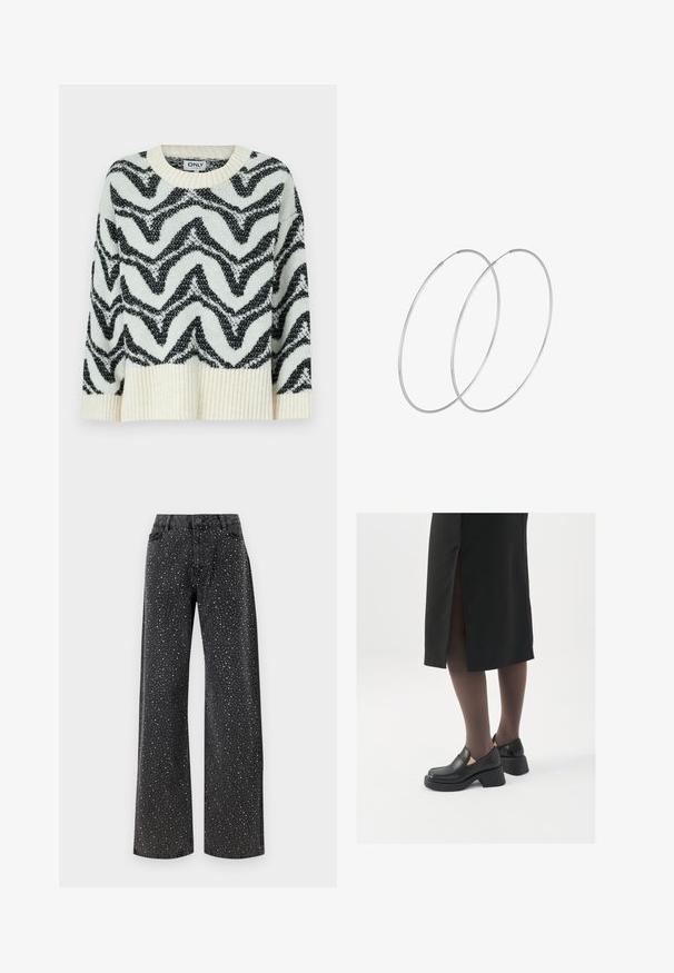 Knitted sweater in cream and black featuring a zigzag pattern. Rounded neck, ribbed hem, and relaxed fit create a textured appearance.; Noisy May NMJANNEL LOOSE - Relaxed fit jeans - black denim; Black leather shoes with a rounded toe, thick block heel, and elastic side accents, paired with dark tights and a black skirt with a slit.; Silver hoop earrings with a minimalist design. Circular shape, smooth texture, and thin profile. Lightweight with a polished finish.