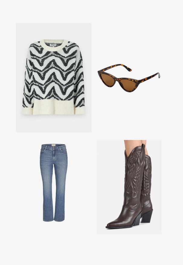 Strickpullover in Creme und Schwarz mit einem Zickzackmuster. Der runde Halsausschnitt, der gerippte Saum und die lockere Passform verleihen ein strukturiertes Erscheinungsbild.; Mitteldicke, gerade geschnittene Jeans in Blau mit vorderem Knopf- und Reißverschluss, Gürtelschlaufen sowie Vorder- und Hintertaschen.; Braune Leder-Cowboy-Stiefel mit spitzem Punkt und Blockabsatz, die über detaillierte Stickereien und hervorgehobene Akzente am Schaft verfügen.; Katzenaugen-Sonnenbrille mit einem schwarz-orangenen Schildpattrahmen, braunen Gläsern und schlanken, spitzen Enden. Verfügt über ein minimalistisches Logo am Bügel.; Kleine cremefarbene Handtasche mit strukturiertem Finish, einem langen verstellbaren Tragegurt, einem Kettenakzent und einem Klappenverschluss. Goldene Hardware-Details.