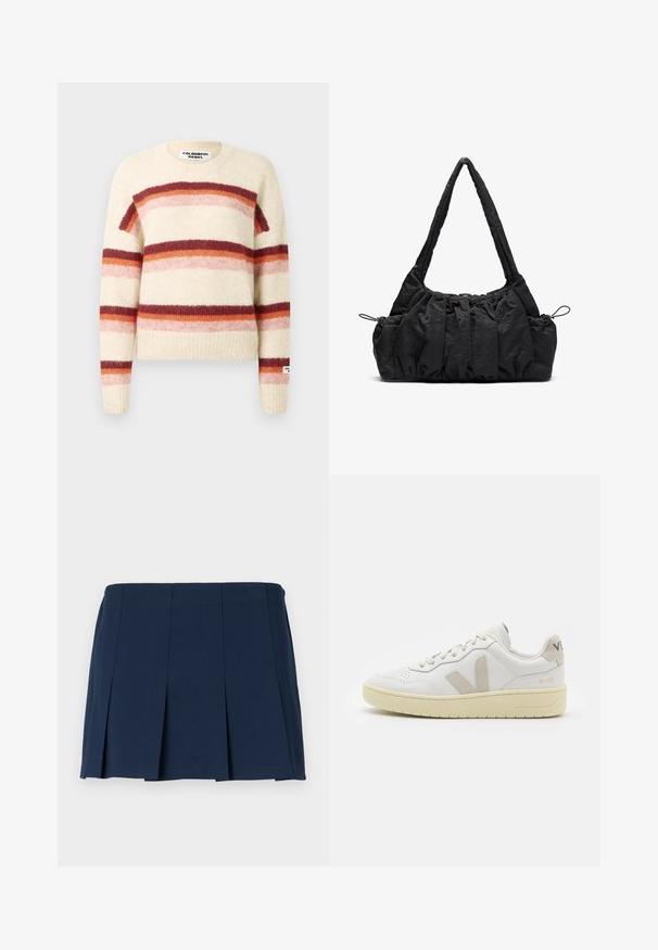 Vartalotakki valmistettu kermanvärisestä langasta, jossa on rohkeat vaakasuorat raidat burgundin, oranssin ja vaaleanpunaisen sävyissä. Takissa on pyöreä pääntie ja ribbireunus.; Tummansininen lyhyt hame, jossa on suora vyötärö ja joka on valmistettu sileästä kankaasta. Hameessa on pystysuoraa ompelua pleittien varrella.; Valkoiset nahkakengät, joissa on vaaleanruskeat pigmenttisuojat, rei'itetty kärki, litteät nauhat ja teksturoitu kermaisa pohja. Takana on huomaamaton brändäys.; Musta kangaskassi, jossa on rypistetty pinta, kaksi olkahihnaa ja narukiristys sivuilla. Sileä, kevyt materiaali.