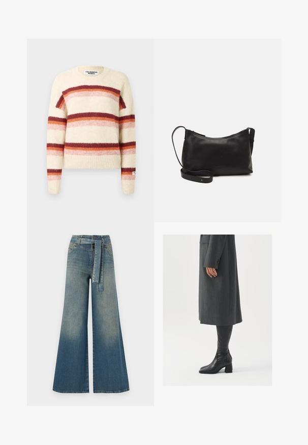 Trikotāžs džemperis krēmkrāsā ar izteiktām horizontālām svītrām burgundijas, apelsīnu un rozā toņos. Tam ir apaļa kakla izgriezums un ribota apakšmala.; Platām kājām džinsu bikses ar gaismas līdz tumši zilam gradientam, augstu jostas līniju, jostas cilpām un atbilstošu auduma jostu. Tekstūrēts džinsas apdare.; Pelēks, pielāgots mētelis ar taisnu griezumu; kombinēts ar melniem ādas zābakiem līdz ceļiem, kuriem ir kvadrāta formas purngals un masīla dūre.; Melna ādas plecu soma ar gludu tekstūru, izliekta forma, regulējama siksna un rāvējslēdzēja aizdare. Minimālistisks dizains bez rotājumiem.