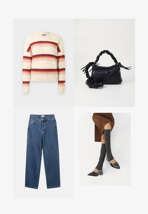 Krém színű kötött pulóver, merész vízszintes csíkokkal, bordó, narancs és rózsaszín árnyalataiban. Kerek nyakkivágással és bordázott szegéllyel rendelkezik.; Klasszikus kék farmernadrág egyenes szárú dizájnal, öt zsebbel és gombos zárással. Közepes mosású és strapabíró textúrával rendelkezik.; Fekete lakk bőrből készült, hegyes orrú cipők, tömbsarkúakkal és bokapánttal, szürke bordás lábszármelegítőkkel és barna velúr szoknyával párosítva.; Fekete műbőr kézi táska krokodil bőr textúrával, összehúzható tetejű és gyűrt pánttal. Lágy és kompakt dizájnúnak tűnik.
