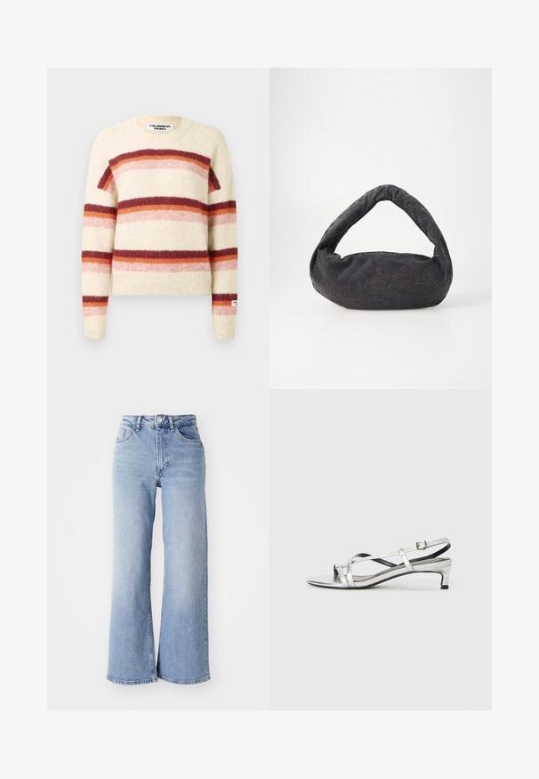 Knit sweater in cream with bold horizontal stripes in shades of burgundy, orange, and pink. Features a round neckline and ribbed hem.; Light blue high-waist wide-leg jeans with front and back pockets, button closure, and subtle fading on the thighs and hems.; Silver metallic slingback sandal with a low heel, featuring crisscross straps and a smooth texture. Minimalistic design.; Dark gray fabric bag with a curved handle, soft texture, and rounded shape. No visible hardware or embellishments.