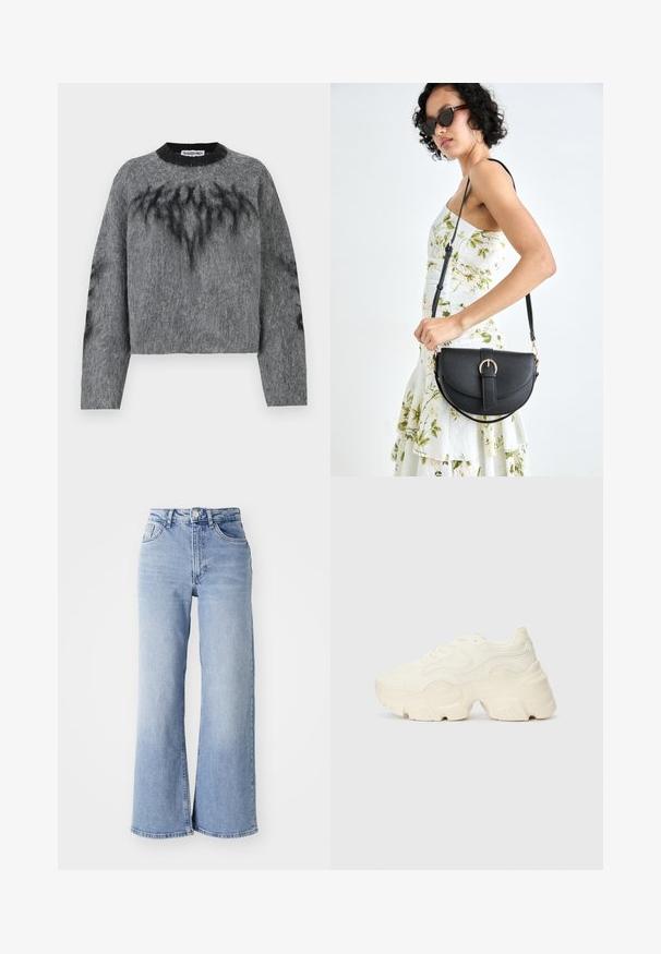 Grijze cropped sweater gemaakt van een pluizig materiaal, met een zwarte halslijn en abstracte zwarte patronen op de voorkant en mouwen.; Lichtblauwe hoge taille wijde pijpen jeans met voor- en achterzakken, knoopsluiting en subtiele vervagingen op de dijen en zomen.; Chunky witte sneakers gemaakt van geperforeerd mesh en synthetische materialen, met een dikke zool en ingewikkelde patroon details aan de zijkanten.; Zwarte leren handtas met een gebogen vorm, afneembare schouderband en gouden hardware. De tas heeft een klep met een gespsluiting.