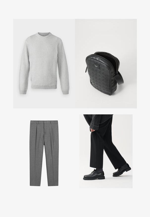 Hellgrauer gerippter Pullover mit rundem Ausschnitt, langen Ärmeln und geradem Saum. Hergestellt aus weichem, strukturiertem Stoff.; Schwarzes Baumwoll-T-Shirt mit klassischem Rundhalsausschnitt, kurzen Ärmeln und lockerer Passform. Glatte Textur, keine Muster oder Verzierungen.; Grau maßgeschneiderte Hose mit strukturiertem Gewebe, flacher Vorderseite, gebügelten Beinen, Gürtelschlaufen und normalem Bund.; Schwarze Lederschuhe mit einer runden Spitze, Schnürdesign und dicker, strukturierter Sohle. Getragen mit maßgeschneiderten schwarzen Hosen und einem gerippten Pullover.; Schwarz, strukturiert, Lederhandtasche mit geometrischem Muster, rechteckiger Form, oberem Reißverschluss und kurzem Tragegriff. Verfügt über ein Logo-Patch auf der Vorderseite.; Timex-Armbanduhr mit silbernem Zifferblatt, schwarzen Stundenmarkierungen und Stahlgehäuse. Sie verfügt über ein strukturiertes schwarzes Lederarmband. Einfaches, elegantes Design.