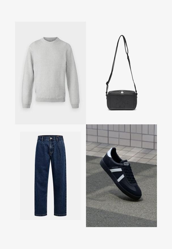 Vaaleanharmaa ribbipaita, jossa on pyöreä pääntie, pitkät hihat ja suora helma. Valmistettu pehmeästä, teksturoidusta kankaasta.; Tummansininen farkkushortsit suoralla lahkeella. Ominaisuuksiin kuuluvat näkyvät saumat, napitus ja etulaskokset lisäyksinä.; Mustat nahkakengät valkoisilla raidoilla, teksturoitu kumipohja ja nauha edessä. Varustettu merkkitarralla kielen päällä.; Musta nahkainen olkalaukku vetoketjulla, etuosassa kohoamalla painettu logo ja säädettävä hihna. Sujuva pinta ja suorakulmainen muoto.