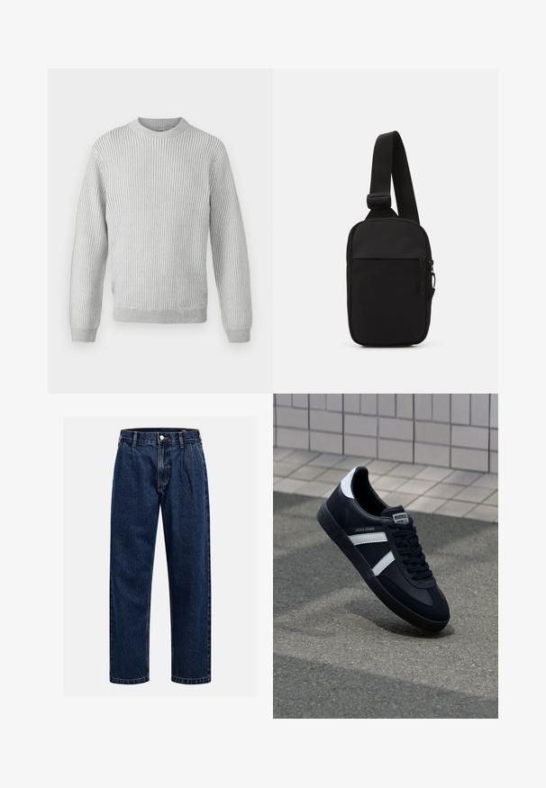 Světle šedý žebrovaný svetr s kulatým výstřihem, dlouhými rukávy a rovním lemem. Vyrobeno z měkké, texturované látky.; Tmavě modré džíny s rovnými nohavicemi. Mají viditelné švy, zapínání na knoflík a přední záhyby pro zvýraznění detailu.; Černé kožené tenisky s bílými pruhy, texturovanou gumovou podrážkou a šněrováním vpředu. Obsahují značenou etiketu na jazyku.; Černá crossbody taška vyrobená z odolné tkaniny, s jedním nastavitelným popruhem, zapínacím hlavním oddělením a přední kapsou.