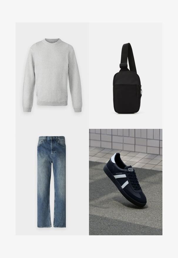 Light gray ribbed sweater with a round neckline, long sleeves, and a straight hem. Made of soft, textured fabric.; Blue denim jeans with a straight-leg cut, featuring a faded wash, belt loops, front pockets, and a single back pocket.; Black leather sneaker with white stripes, textured rubber sole, and lace-up front. Features a branded label on the tongue.; Black crossbody bag made of durable fabric, featuring a single adjustable strap, a zippered main compartment, and a front pocket.