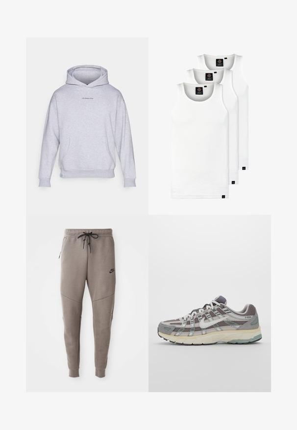 Grijze hoodie gemaakt van zachte stof, met een voorktas, geribde boorden en een klein logo op de borst.; Drie witte geribde tanktops van katoen. Kenmerken zijn een ronde hals en kleine zwarte labels nabij de zoom. Verkrijgbaar in meerdere maten.; Grijze Nike-sweatpants met een verstelbare tailleband, taps toelopende benen, zijzakken en opvallende naaddetails. Zachte, gestructureerde stof.; Grijze sportieve schoen met een bovenwerk van mesh en suede, witte accenten, een gevoerde zool en een onderscheidend ontwerp met reflecterende elementen.