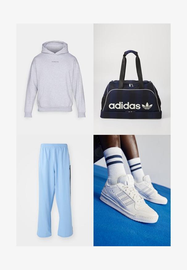 Sivi dukserica s kapuljačom izrađena od mekanog materijala, sa prednjim džepom, rebrastim manžetama i malim logotipom na prsima.; Svijetloplave atletske hlače od glatkog materijala, s elastičnom trakom u struku i kontrastnim crnim bočnim prugama.; Bijele kožne tenisice s perforiranim detaljima, tri metalna pruga i teksturirani bočni panel. Nosi se s bijelim čarapama sa plavim prugama.; Mornarska torba s bijelim Adidas logotipom, sa zatvaračem na vrhu, dva čvrsta crna ručka i bočnim mrežastim džepovima. Glatka tekstura tkanine.