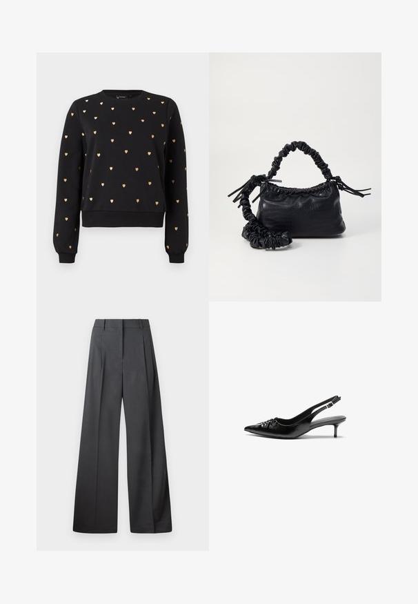 Sudadera negra con patrones de corazones dorados, cuello redondo, puños y dobladillo acanalados. Fabricada en una tela suave, con un diseño de corte relajado.; Pantalones de pierna ancha en tejido gris oscuro, con una cintura alta, pliegues simples y una textura suave con un acabado limpio en los dobladillos.; Tacones slingback de cuero negro con punta afilada, pequeño tacón kitten y un detalle de nudo decorativo en la parte frontal. Textura suave en toda la superficie.; Bolso de mano de imitación cuero negro con textura de cocodrilo, parte superior fruncida y correa arrugada. Presenta un diseño suave y compacto.