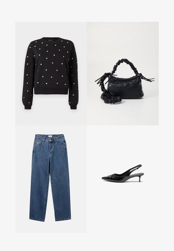 Svart hettegenser med gullhjertemønster, rund halslinning, ribbede ermer og kant. Laget av mykt stoff, med et avslappet passformdesign.; Klassiske blå denimjeans med rett ben-design, fem lommer og knappelukking. Har en middels vask og solid tekstur.; Sorte skinnert remsandaler med spiss tå, liten kittenhæl og en dekorativ knute detalj foran. Glatt tekstur gjennom hele.; Svart faux skinn-håndveske med krokodilletekstur, strammet topp og en rynket stropp. Ser myk og kompakt ut i designen.