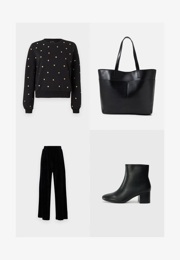 Črna srajca s patterni zlatih src, okrogli ovratnik, ribane manšete in rob. Narejena iz mehkega materiala, z zasnovo, ki omogoča sproščeno prileganje.; Črne široke hlače iz mehkega žameta, z elastičnim pasom in gladko teksturo, brez vidnih detajlov ali vzorcev.; Črne usnjene gležnjarje s koničastim nosom in debelim peto. Gladka tekstura z minimalnimi detajli in eleganten, prilegajoč dizajn.; Črna usnjena torba z dvema dolgima ročajema, gladko teksturo in strukturirano obliko. Ima sprednji žep za dodatno shranjevanje.