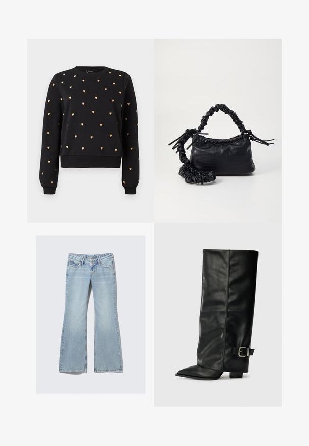 Felpa nera con motivi a cuore dorati, collezione rotonda, polsini e orlo a costine. Realizzata in tessuto morbido, presenta un design dal taglio rilassato.; Weekday NOVA - Jeans slim fit - lip blue; Stivali neri in pelle fino alla caviglia con punta affusolata, texture liscia e una fibbia argentata accento sul lato. Tacco quadrato spesso.; Borsa a tracolla in ecopelle nera con texture a coccodrillo, apertura cinchata e tracolla arricciata. Si presenta con un design morbido e compatto.