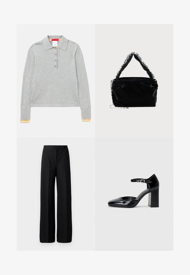 Šedá polo košile s dlouhým rukávem a límcem, která má čtyři přední knoflíky a žebrované manžety se žlutým akcentem na koncích.; Široké černé kalhoty s hladkou, matnou texturou. Plochý pas bez viditelného kování nebo vzorů. Jednoduchý a elegantní design.; Černé lakované kožené vysoké podpatky se čtveratou špičkou, řemínkem kolem kotníku a masivním podpatkem. Obsahuje perforované detaily na okraji.; Černá kabelka z umělé kůže s texturovaným povrchem, zdobená perlovým stříbrným akcentem podél horního ucha a řetízkovým popruhem.