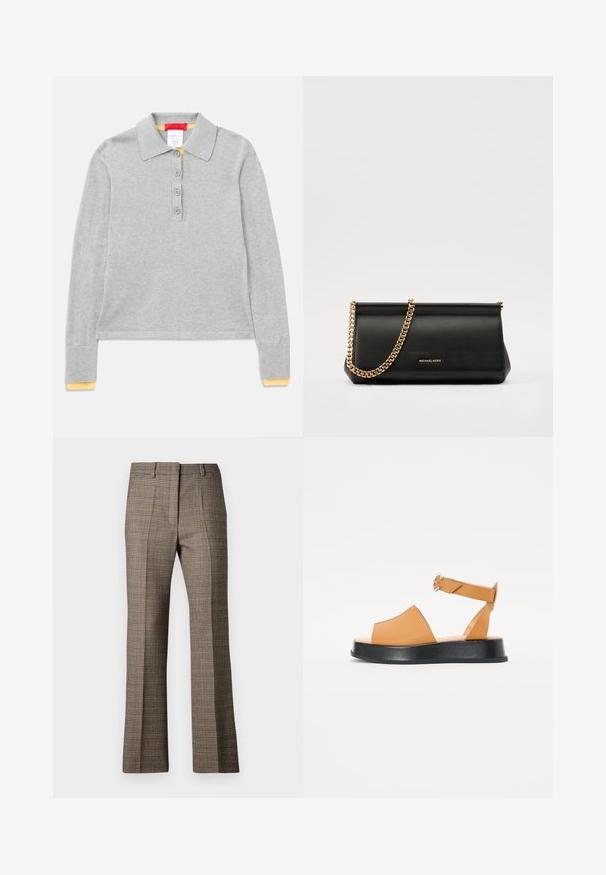 Grijs lange mouw poloshirt van gestructureerde stof met een puntkraag, vierknopsbies en gele accenten op de manchetten.; Bruine geruite broek met een rechte pijp, uitgerust met een gestructureerde stof en subtiele kleuren van beige en donkerbruin door het patroon.; Tan leren sandaal met een brede voorkant, open teen, verstelbare band en een dikke zwarte plateauzool. Soepele textuur en minimalistisch ontwerp.; Zwarte leren clutch tas met een gouden kettinghengsel, voorzien van een gladde textuur, rechthoekige vorm en reliëfmerk op de voorkant.