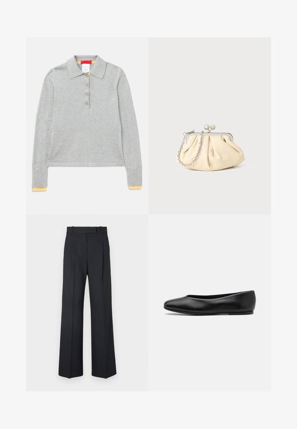 Grijze langemouwen polo met een kraag, voorzien van vier knopen aan de voorkant en geribde manchetten met een gele accent aan de uiteinden.; Donkerblauwe pinstriped broek met een hoge taille, wijde pijpen en zonder zichtbare hardware of versieringen. Glad textuur en nauwkeurige pasvorm.; Paul Smith TOPANGA - Ballerina's - black; Geplooide beige leren clutch met een zilveren metalen frame, voorzien van twee ronde decoratieve sluitingen en een zilveren kettingriem.