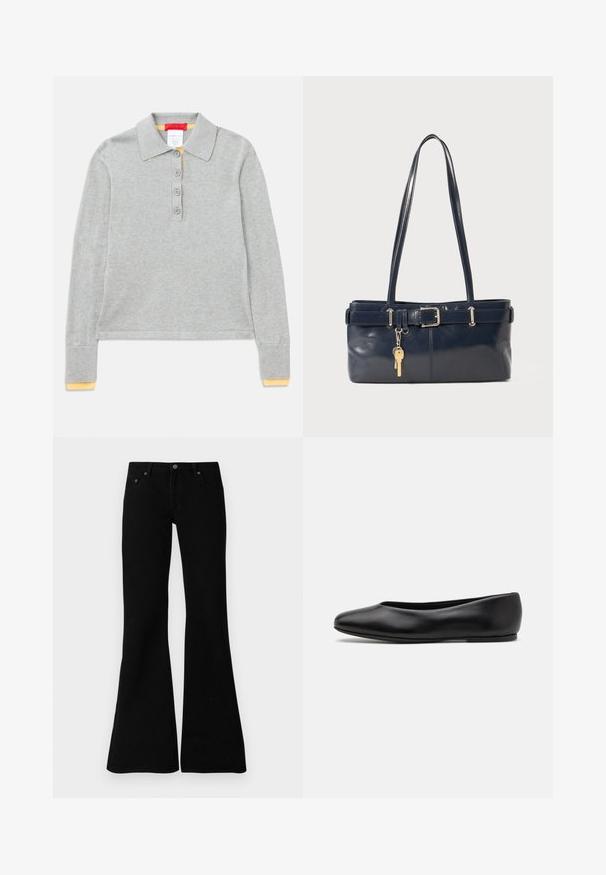 Gray long-sleeve polo shirt with a collar, featuring four front buttons and ribbed cuffs with a yellow accent at the ends.; Black flared jeans made from denim, featuring a classic five-pocket design, button closure, and subtle stitching details along the seams.; Paul Smith TOPANGA - Ballet pumps - black; Navy leather handbag with two long handles, a buckle detail, and a keychain attached. Features a smooth texture and a rectangular shape.