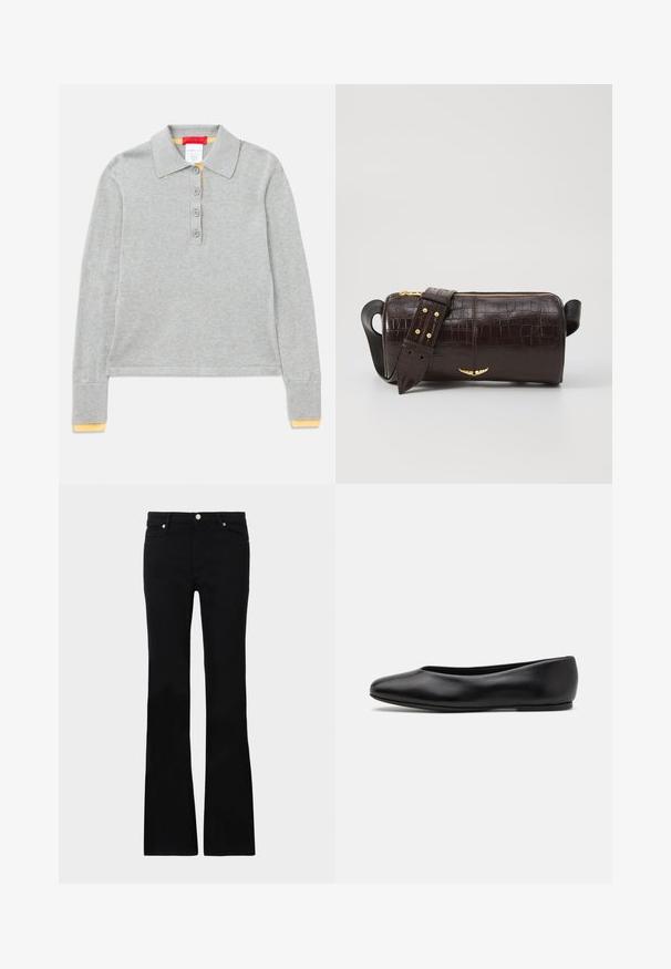 Szary długi rękaw polo z kołnierzykiem, z czterema guzikami z przodu oraz ściągaczami na rękawach z żółtym akcentem na końcach.; Czarne dzwony z denimu, z dwoma przednimi kieszeniami, zapięciem na guzik i gładką fakturą. Widoczne charakterystyczne szycie na szwach.; Paul Smith TOPANGA czarny; Brązowa torba ze skóry z tłoczeniem krokodyla w kształcie cylindrycznym, z metalowymi elementami w kolorze złotym oraz odczepianym paskiem z ćwiekami.