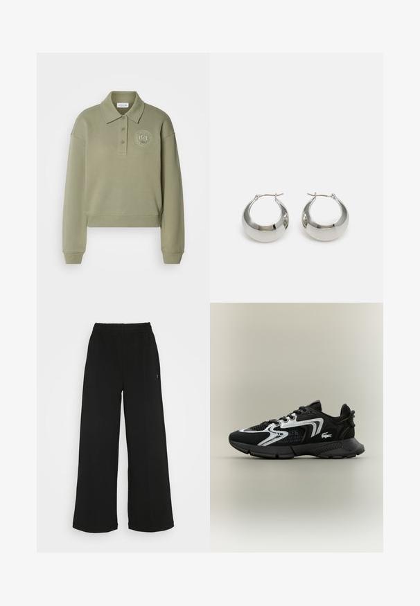 Felpa polo cropped verde oliva con maniche lunghe, due bottoni e un logo ricamato rotondo sul petto. Tessuto morbido.; Pantaloni neri a gamba larga con vita elasticizzata. Realizzati in un materiale morbido e leggero. Presentano cuciture verticali sul davanti.; Scarpe sportive nere con pannelli in rete, dettagli in argento e sovrapposizioni nere texturizzate. Dotate di lacci e di una suola curvata e resistente.; Orecchini a cerchio in metallo argentato con una superficie liscia e lucida e un design strutturato e arrotondato. Presentano una chiusura a cerniera per un indosso sicuro.