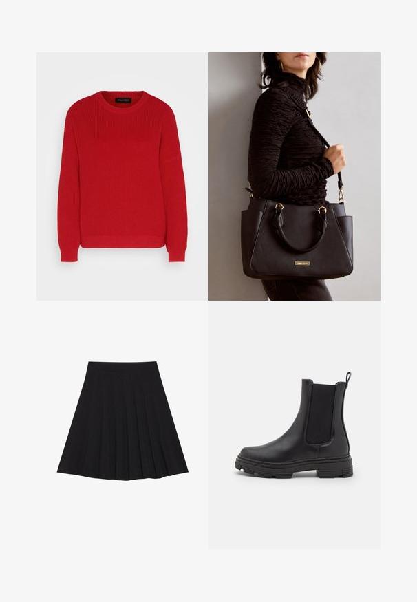 Pulover roșu tricotat, cu decolteu rotund, textură ribor, și mâneci ușor supradimensionate. Are un tiv dreaptă și un material durabil.; Fustă plisată neagră dintr-un material texturat, cu un elastic ajustat. Se termină la nivelul genunchiului, având o siluetă netedă și curată.; Cizmă de gleznă din piele neagră, cu panouri laterale elastice, vârf rotunjit și talpă din cauciuc texturat. Dispune de o buclă în spate pentru o purtare ușoară.; Geantă de umăr neagră cu suprafață texturată, cu două mânere superioare și curea de umăr ajustabilă. Dispune de accesorii metalice de culoare aurie și buzunare laterale.
