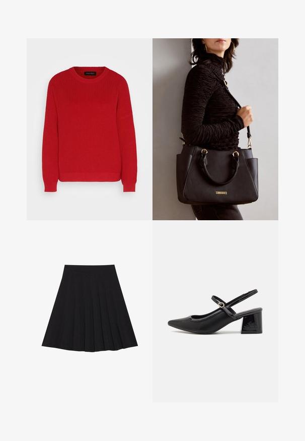 Sarkana adīta džemperis ar apaļu kakla izgriezumu, ribotu tekstūru un nedaudz pārākām piedurknēm. Tam ir taisna apakšmala un izturīga auduma izmantošana.; Melna plisētā svārku ir izgatavota no teksturēta auduma ar ietilpīgu jostasvietu. Svārki ir līdz ceļiem un tiem ir gluda, tīra silueta.; Melns patentēts ādas sandales ar norādīta pirksta formu, noapaļotu izgriezuma dizainu un bloķētu papēdi. Iezīmēta ar zelta toņa sprādzi.; Melnā rokassoma ar teksturētu virsmu, diviem augšējiem rokturiem un regulējamu pleca siksnu. Iespējas ar zelta krāsas aparatūru un sānu kabatām.