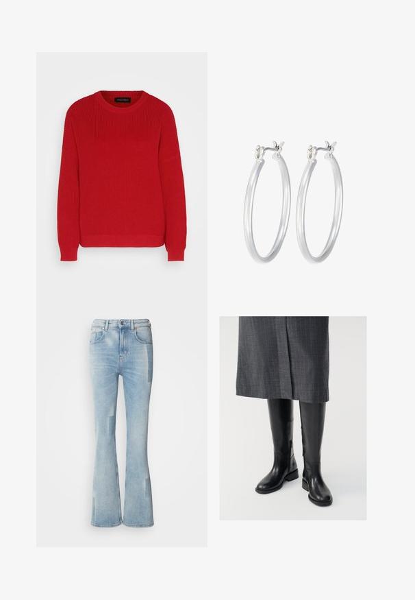 Punane kudumist sviiter ümmarguse kaelusega, ribakujundusega ja veidi üle mõõtmete varrukatega. Omab sirget äärt ja vastupidavat kangast.; Scotch & Soda THE GLOW - Bootcut-teksad - art from the heart; Põlve kõrguseni ulatuvad mustad nahast saapad, millel on sujuv tekstuur, külg zipperid ja tasane tald. Saapad on varustatud struktureeritud varre ja minimaalsete metalldetailidega.; Hõbedased rõngaskõrvarõngad, millel on sile, läikiv viimistlus. Ümmargune kuju ja turvaline klõpsulatus. Kerge disain, sobib igapäevaseks kandmiseks.