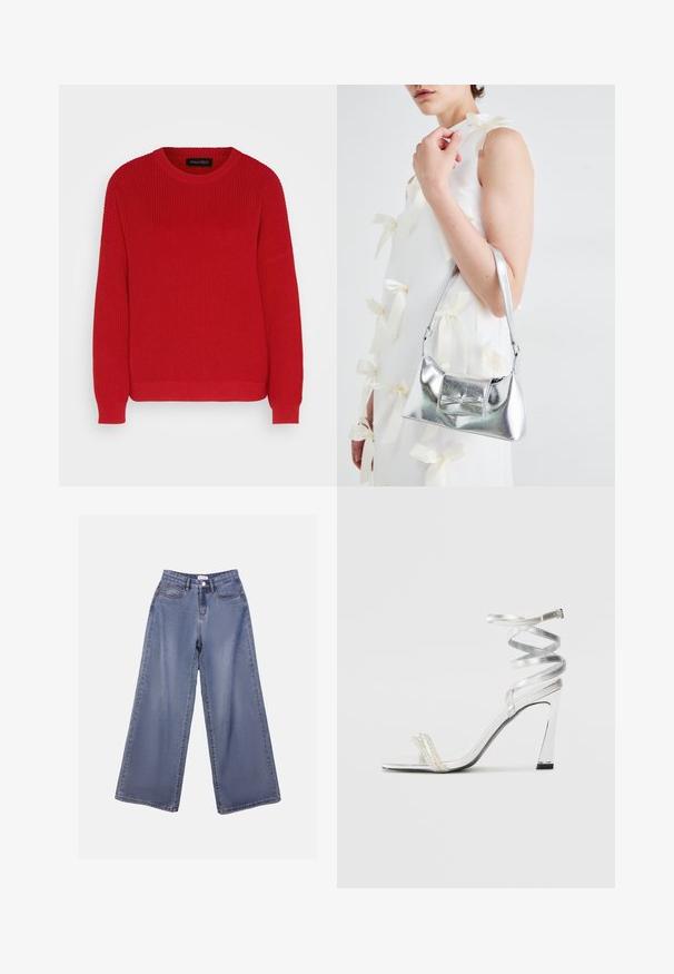 Piros kötött pulóver kerek nyakkivágással, bordás textúrával és enyhén over-size ujjakkal. Egyenes alja van, és tartós anyagból készült.; Széles szárú farmernadrág világoskék mosásban, magas derékkal, elülső zsebekkel és gombos záródással, övlyukakkal.; Ezüst színű, magas sarkú szandál, csillogó pánt dizájnnal, gyöngyszerű díszítéssel és spirális bokapánttal a biztos illeszkedés érdekében.; Ezüst fémes kézitáska, struktúrált formával, felső fogantyúval és masnis részlettel az elején. Simaságával és fényes felületével tűnik ki.