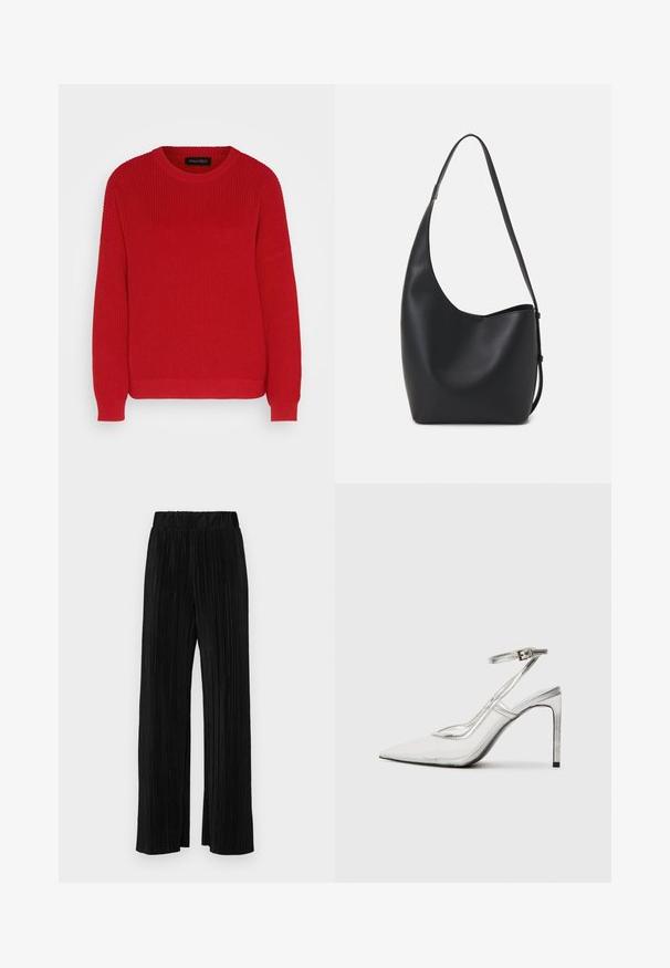 Roter Strickpullover mit einem Rundhalsausschnitt, gerippter Textur und leicht überschnittenen Ärmeln. Verfügt über einen geraden Saum und strapazierfähigen Stoff.; Schwarze plissierte Hose mit elastischem Bund. Verfügt über weite Hosenbeine und einen glatten, strukturierten Stoff mit vertikalen Streifen.; Klarer Stiletto-Absatzschuh mit spitzer Zehe, transparentem Material, metallisch silbernen Akzenten und verstellbarem Knöchelriemen.; Schwarze Leder-Hobo-Tasche mit einer glatten Textur, geschwungener Form und einem einzelnen verstellbaren Tragegurt; verfügt über eine weite Öffnung am oberen Ende.