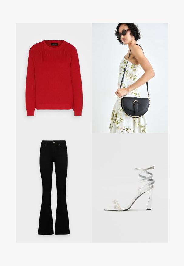 Roter Strickpullover mit einem Rundhalsausschnitt, gerippter Textur und leicht überschnittenen Ärmeln. Verfügt über einen geraden Saum und strapazierfähigen Stoff.; Schwarze hochtaillierte Jeans mit einem Knopf- und Reißverschluss, Fronttaschen und ausgestellten Beinen, flach auf einem weißen Hintergrund ausgelegt.; Silberne High-Heel-Sandale mit einem glänzenden Riemen-Design, das einen perlenähnlichen Akzent und einen spiralförmigen Knöchelriemen für einen sicheren Sitz bietet.; Schwarze Lederhandtasche mit geschwungener Form, abnehmbarem Tragegurt und goldenen Beschlägen. Die Tasche verfügt über einen Deckel mit einer Schnallen-Details.