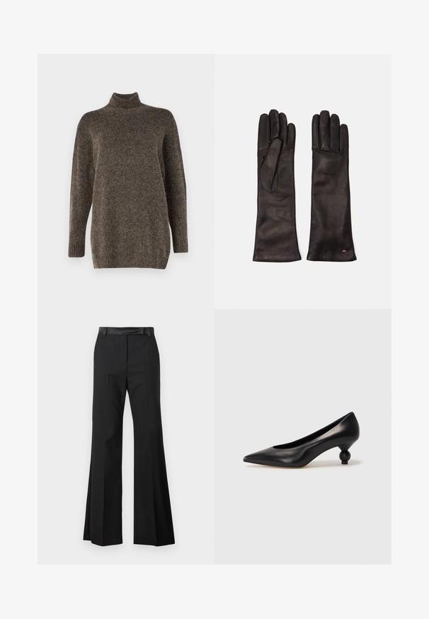 Pull en maille marron à col roulé avec manches longues, coupe décontractée et poignets côtelés, présentant une texture douce et une légère variation de couleur.; Pantalons évasés noirs avec une finition en tissu lisse, dotés d'une taille solide et de plis marqués pour une apparence soignée.; Chaussure à talon haut en cuir noir avec un bout pointu et un talon arrondi. Texture lisse avec un design épuré et minimal.; Weekend Max Mara SENAPE - Gants - nero